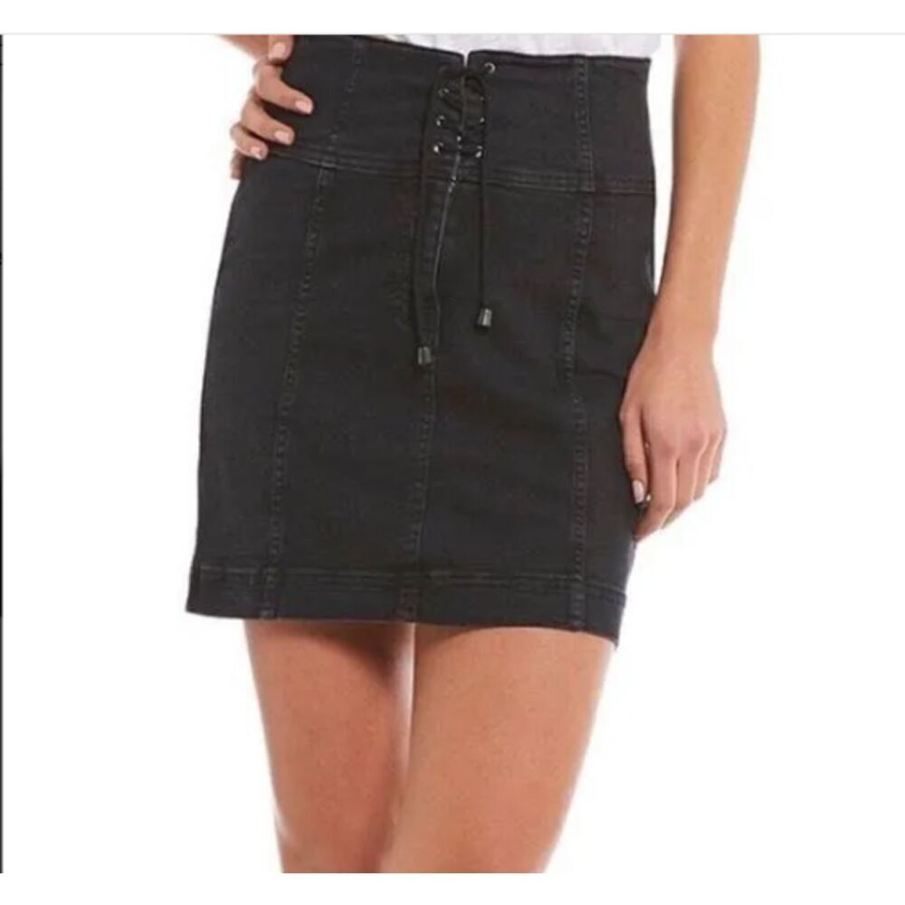 Free People‎ Modern Femme Lace Up Stonewashed Black Denim Mini Skirt Size 0